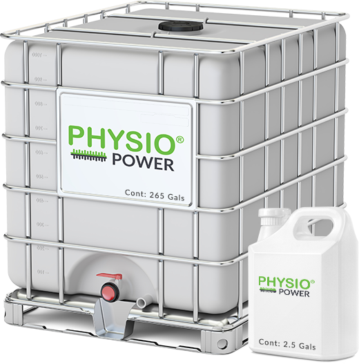 A 265 gallon ICB Tank and a 2.5 gallon container of PHYSIOPOWER™